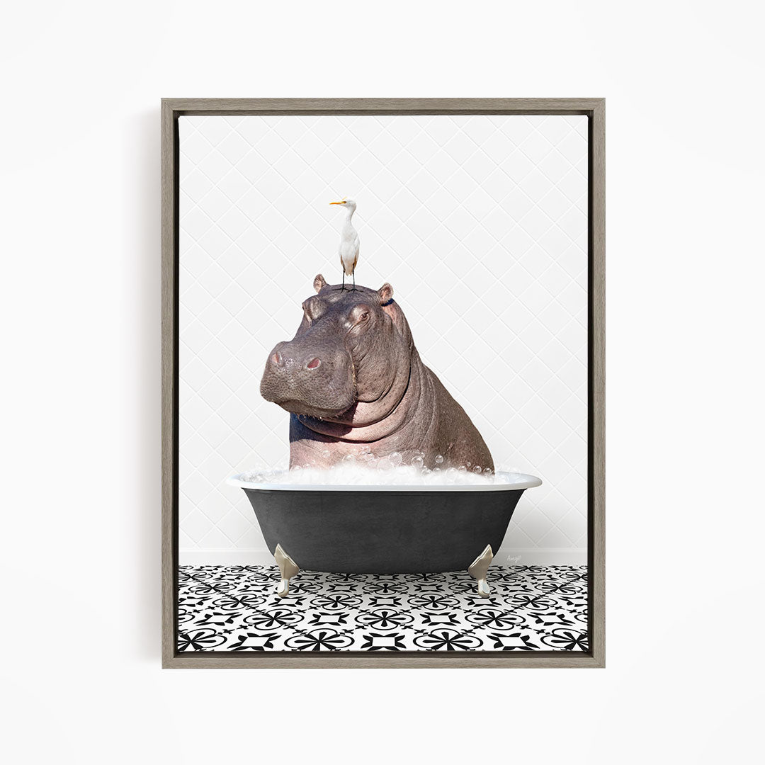 A large hippopotamus sitting in a bathtub, with a seagull perched on its head.