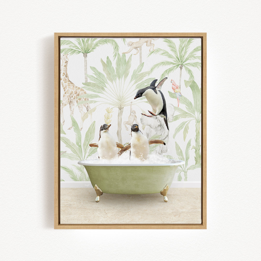 A framed image depicting two penguins sitting in a bathtub, surrounded by tropical foliage.