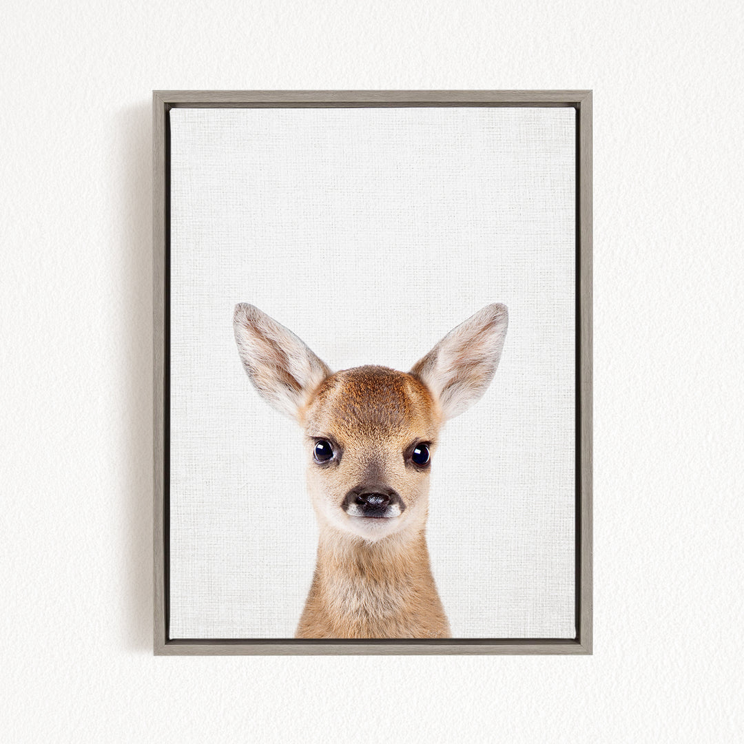 A framed print of a deer's head with large ears and a small nose, looking directly at the camera.