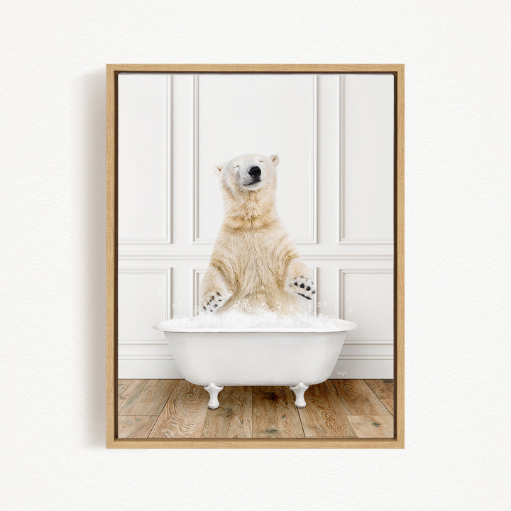 A polar bear standing in a white bathtub filled with water, appearing to enjoy the bath.