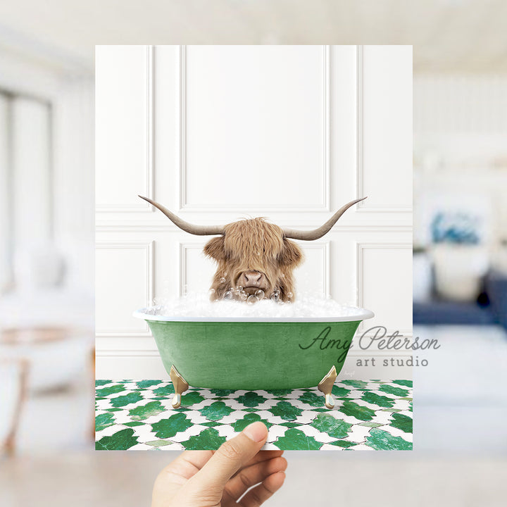 a hand holding up a card with a picture of a bull in a bathtub