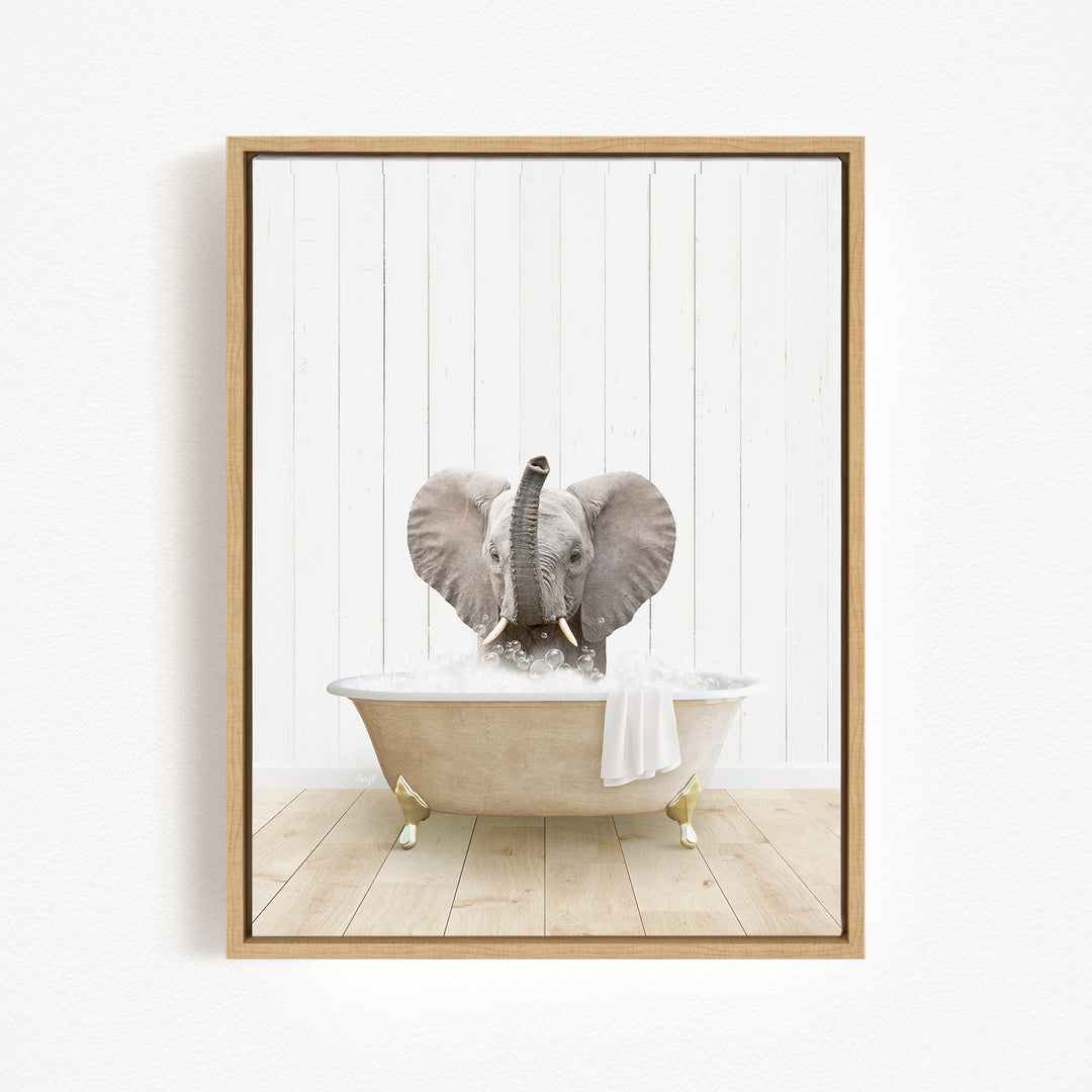 A gray elephant is sitting in a bathtub filled with water, with its trunk raised and ears flapping.