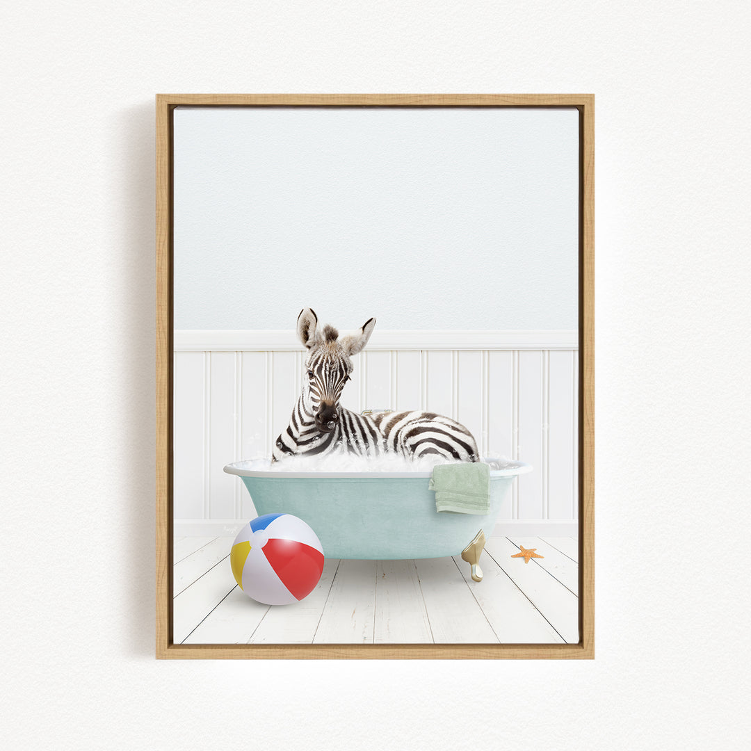 A zebra is sitting in a bathtub filled with water, surrounded by a beach ball and a towel.