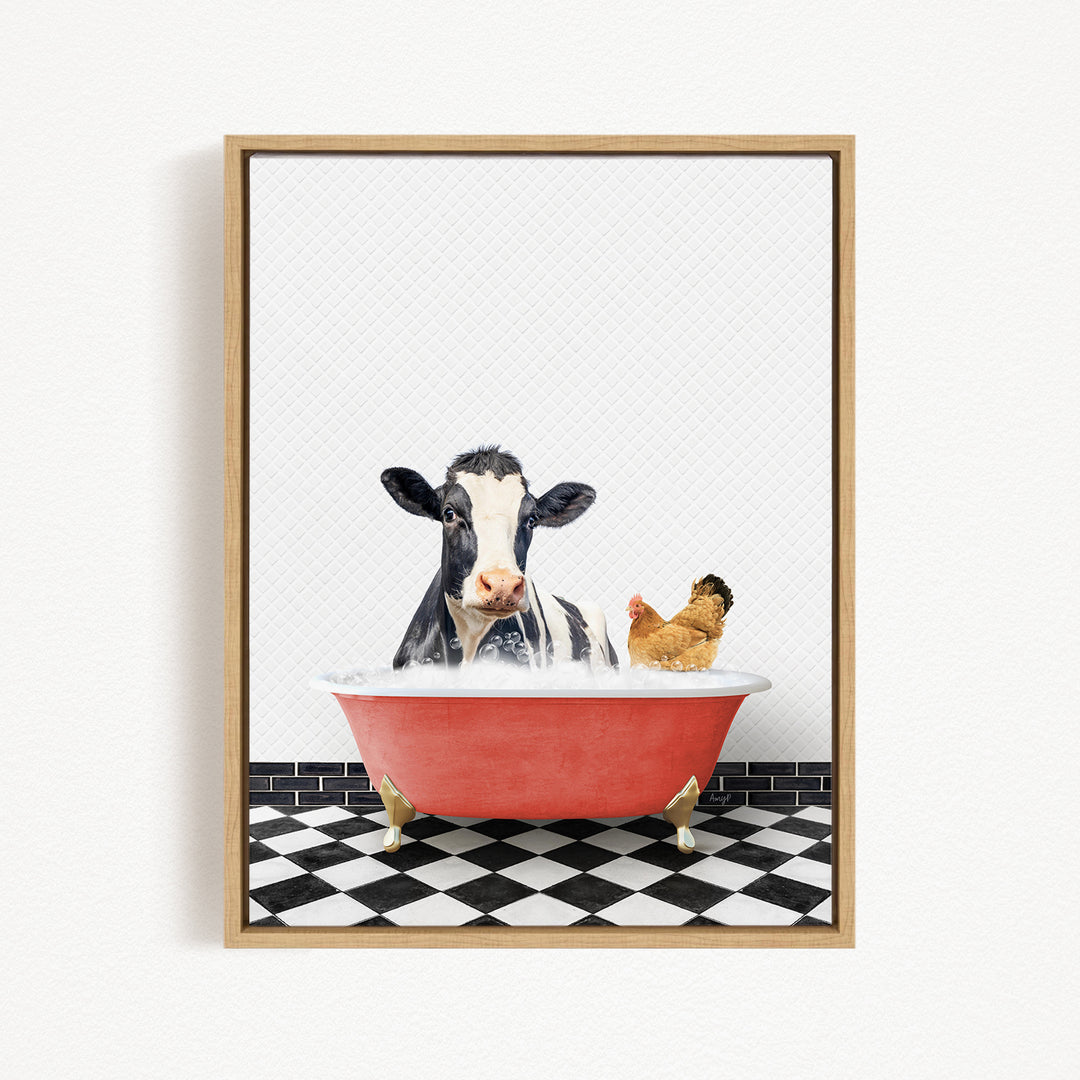 A black and white cow is sitting in a red bathtub, with a chicken standing nearby on a black and white checkered floor.