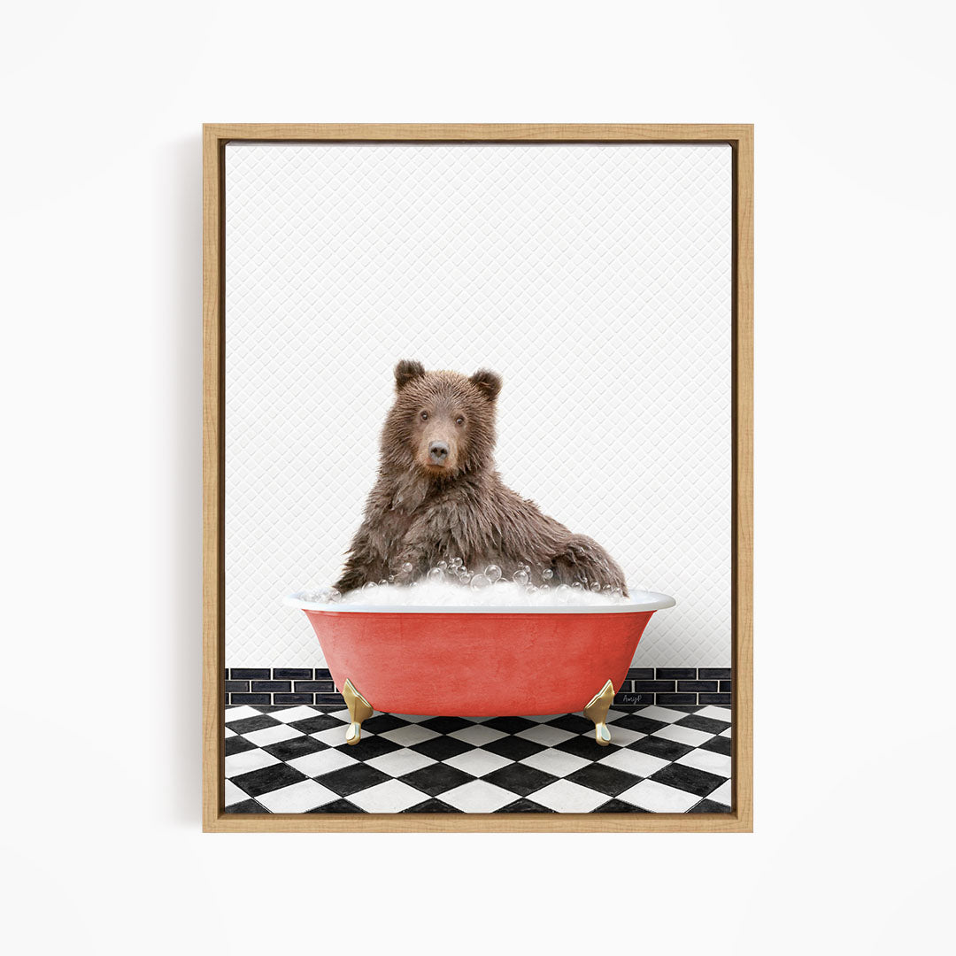 A brown bear sitting in a red bathtub filled with water, surrounded by a black and white checkered floor.