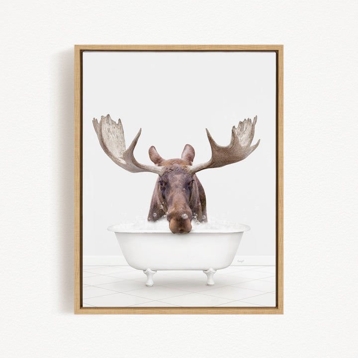 A moose with large antlers is sitting in a white bathtub filled with water, creating a whimsical and humorous scene.