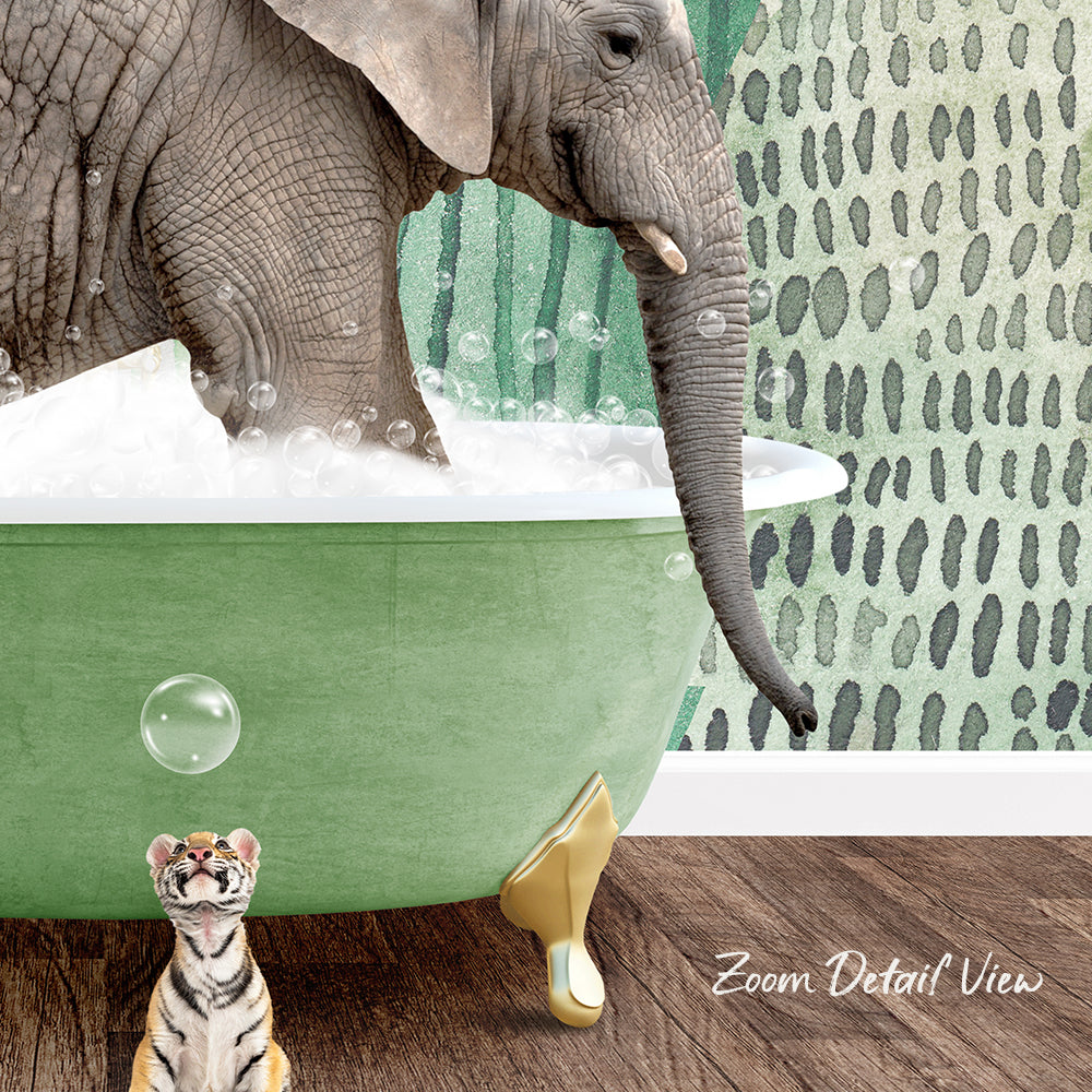 A large elephant is bathing in a green bathtub, while a small tiger figurine stands nearby, both in a whimsical scene.