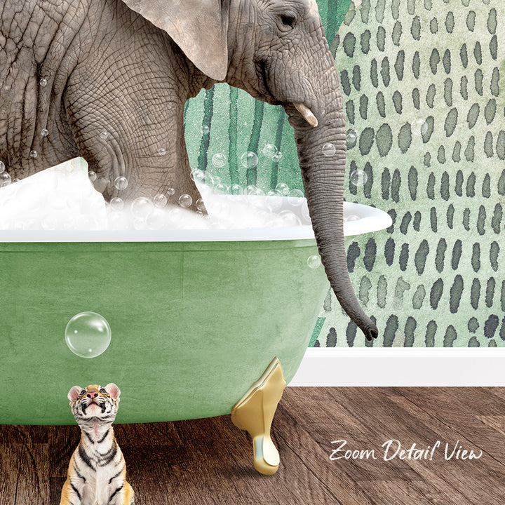 A large elephant is bathing in a green bathtub, while a small tiger figurine stands nearby, both in a whimsical scene.