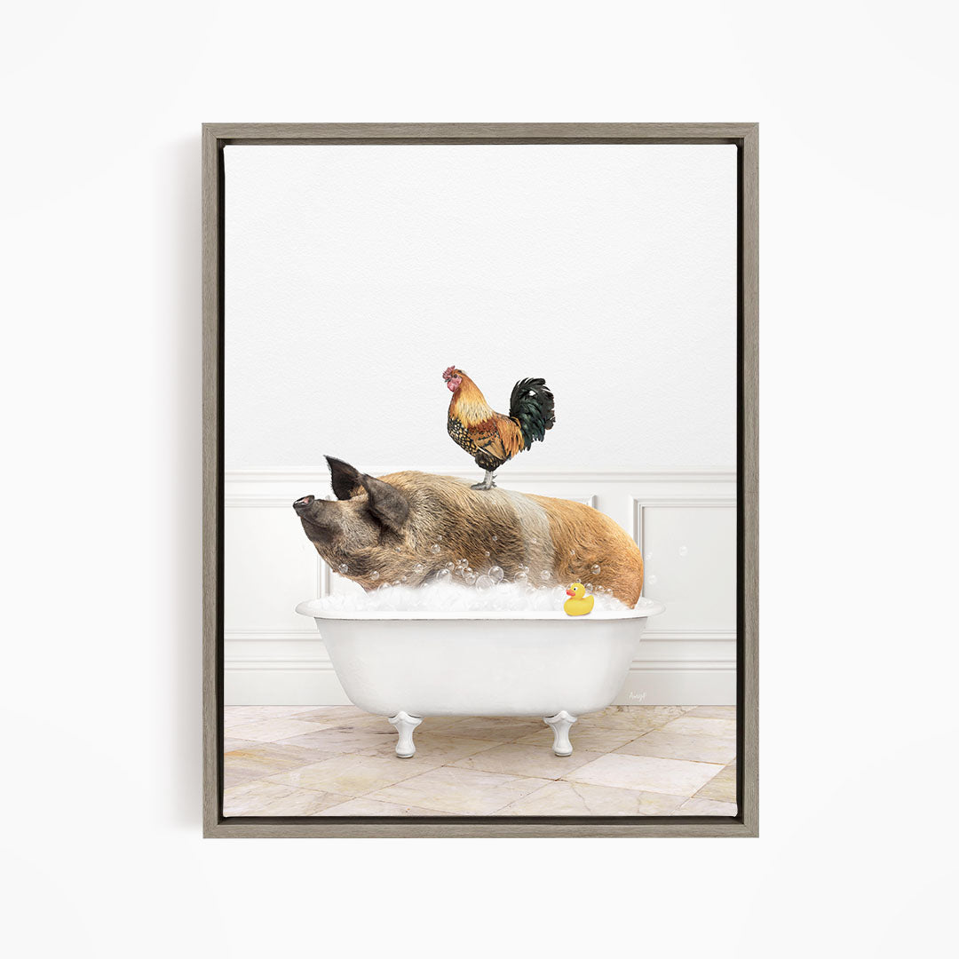 A rooster stands on a pig's back while the pig is sitting in a bathtub filled with water, with a yellow rubber duck floating nearby.
