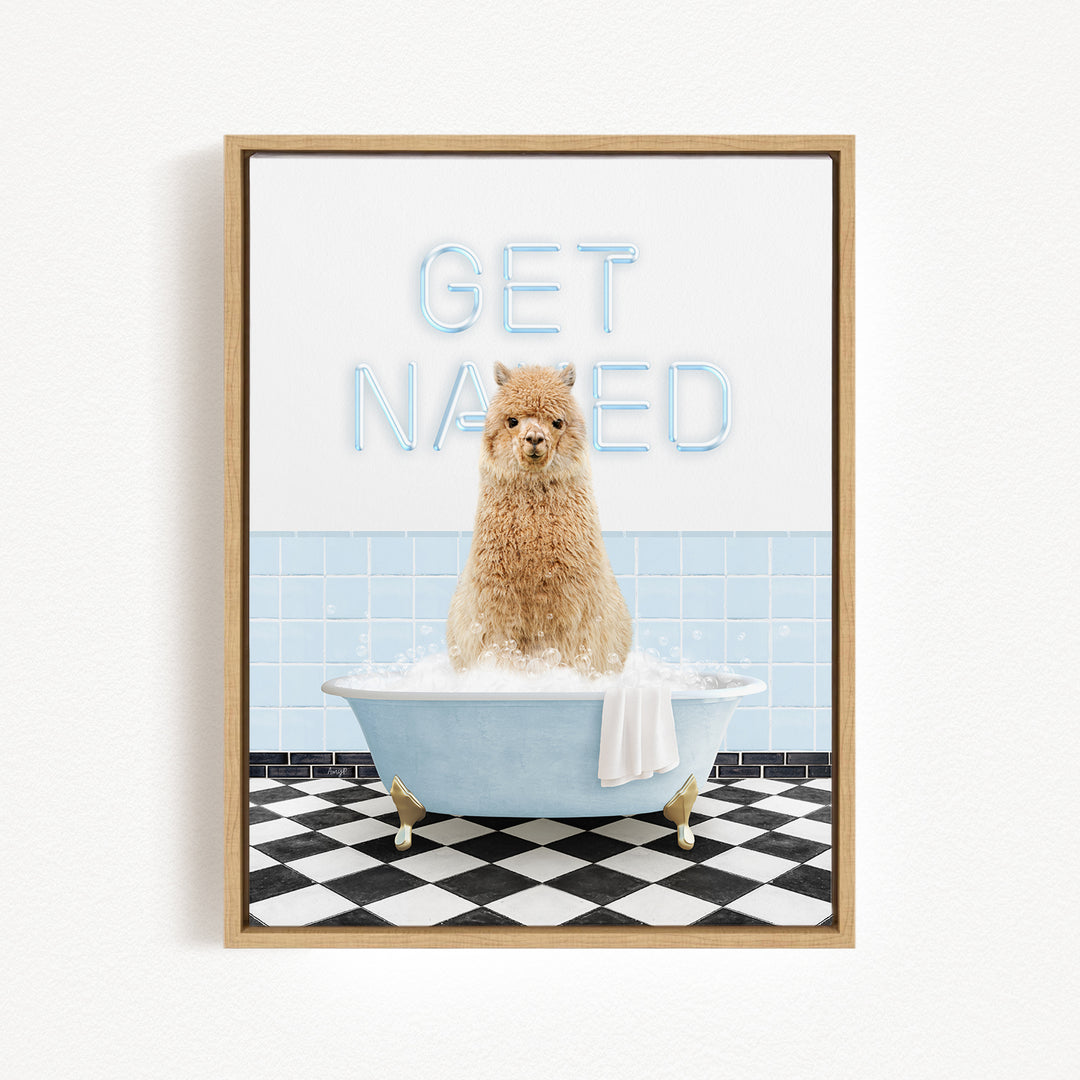 A brown alpaca sitting in a blue bathtub filled with bubbles, with the text "GET NAUGED" displayed above it.