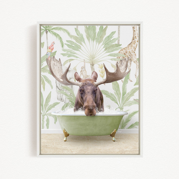 A moose is sitting in a green bathtub, surrounded by tropical plants and animals, including a parrot, giraffe, and elephant, creating a whimsical and surreal scene.