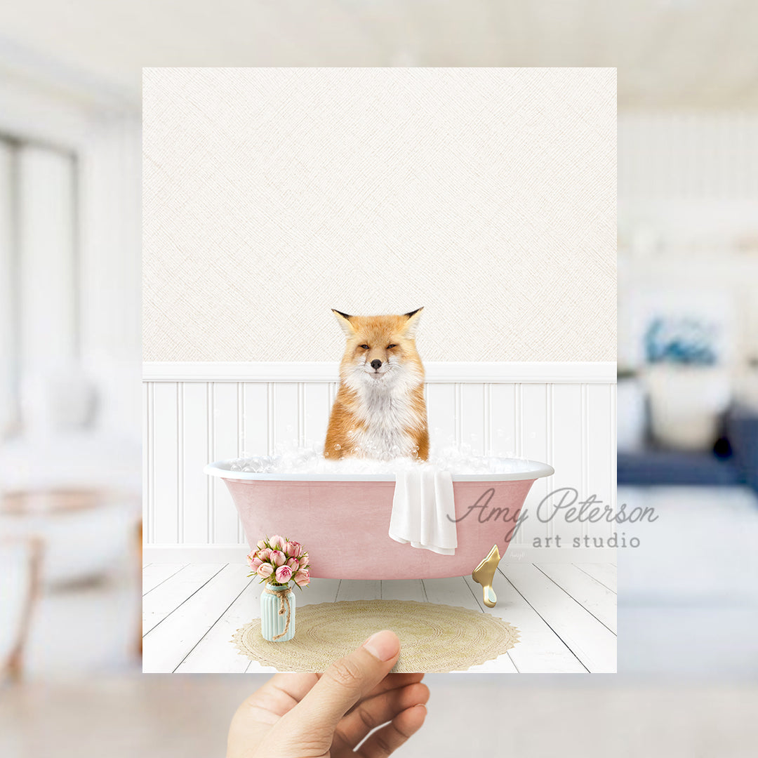 a person holding up a card with a dog in a bathtub