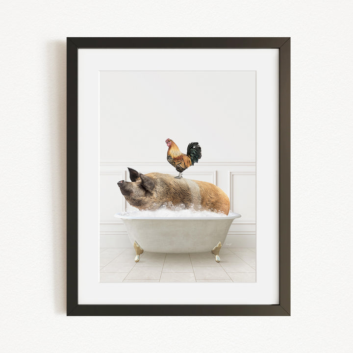 A rooster sits atop a pig in a bathtub, creating a whimsical and humorous scene.