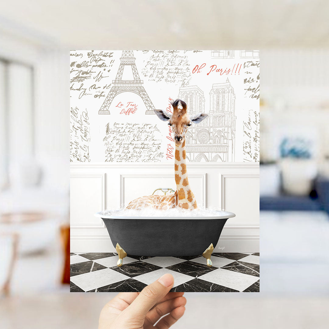A giraffe sitting in a bathtub filled with bubbles, surrounded by a Paris-themed background with the Eiffel Tower and other landmarks.