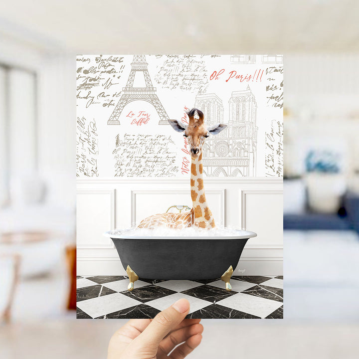 A giraffe sitting in a bathtub filled with bubbles, surrounded by a Paris-themed background with the Eiffel Tower and other landmarks.