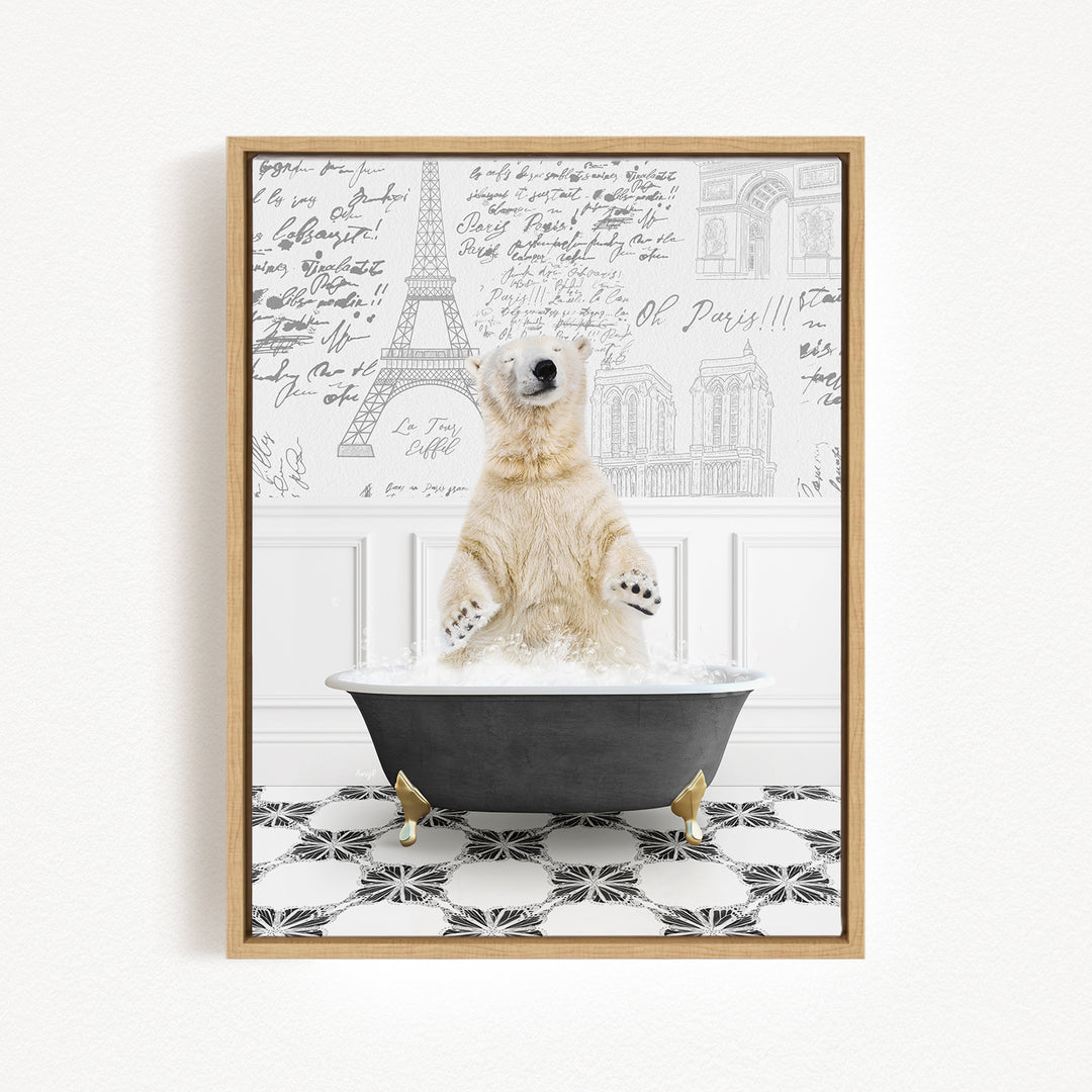A polar bear standing in a bathtub filled with water, surrounded by a black and white tiled floor and a wall with various inscriptions and drawings.