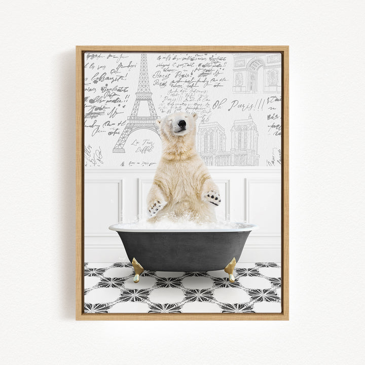 A polar bear standing in a bathtub filled with water, surrounded by a black and white tiled floor and a wall with various inscriptions and drawings.