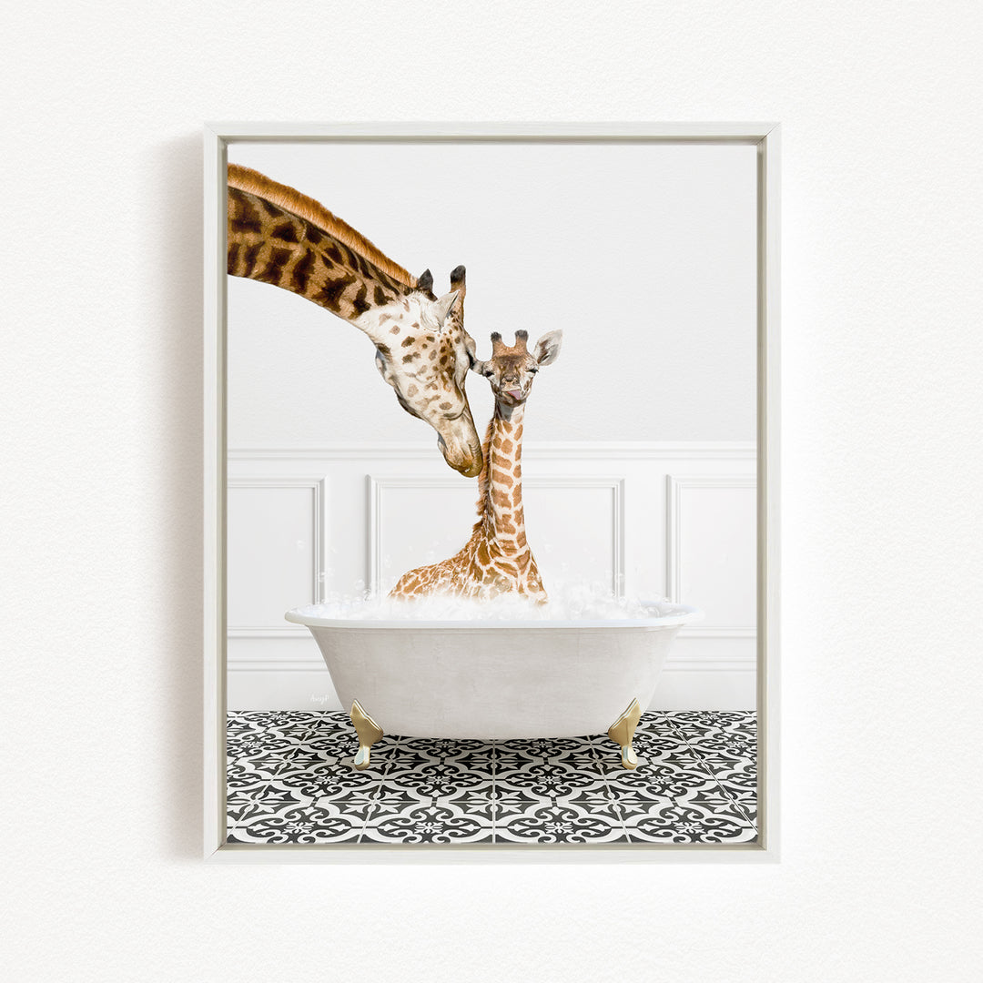 A mother giraffe and her baby giraffe are sitting together in a white bathtub filled with water, creating a heartwarming scene.