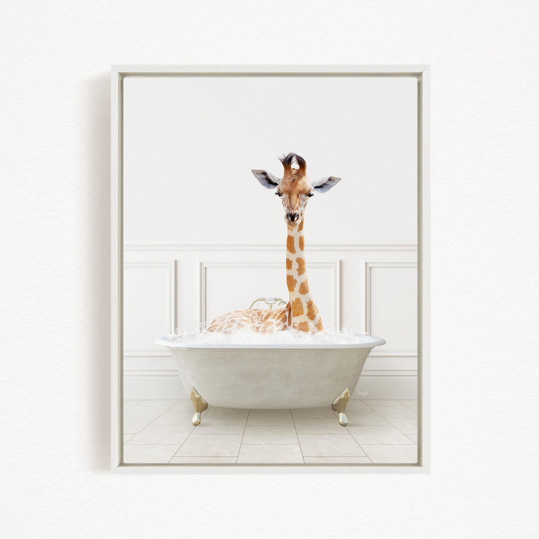 A giraffe is sitting in a white bathtub filled with water, creating a whimsical and playful scene.
