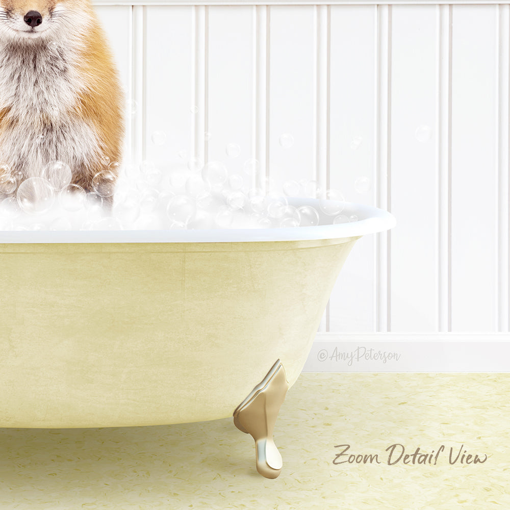 A small dog is sitting in a bathtub filled with bubbles, with a white wall and a text overlay that reads "Zoom Detail View".