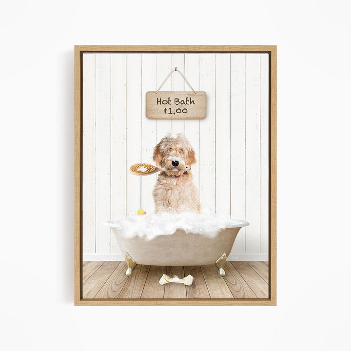 A dog sitting in a bathtub, holding a toy, with a sign above that says "Hot Bath $1.00".