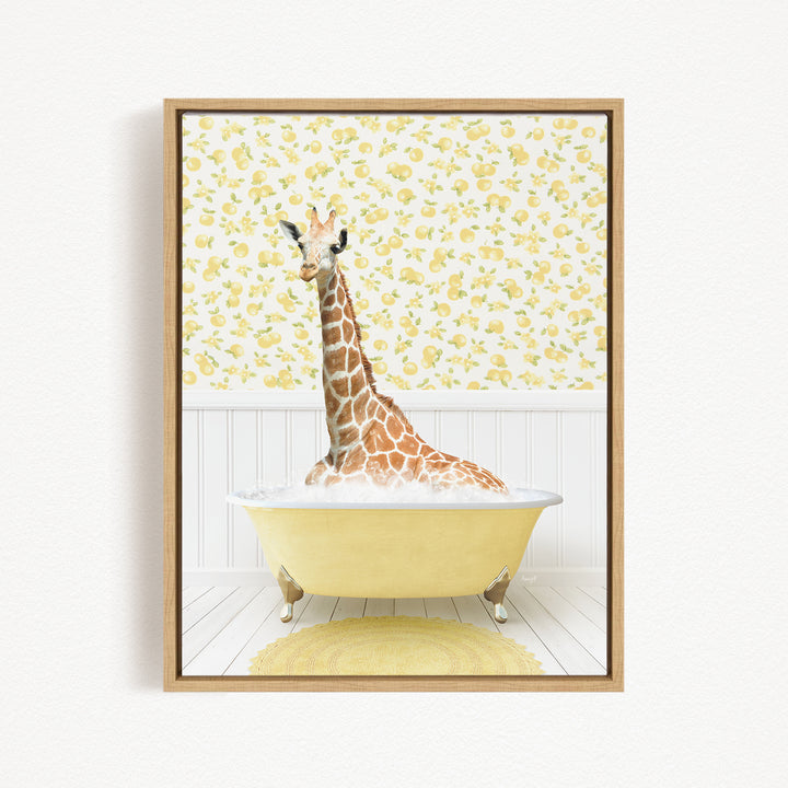 A giraffe sitting in a yellow bathtub filled with water, surrounded by a yellow and white patterned wall.