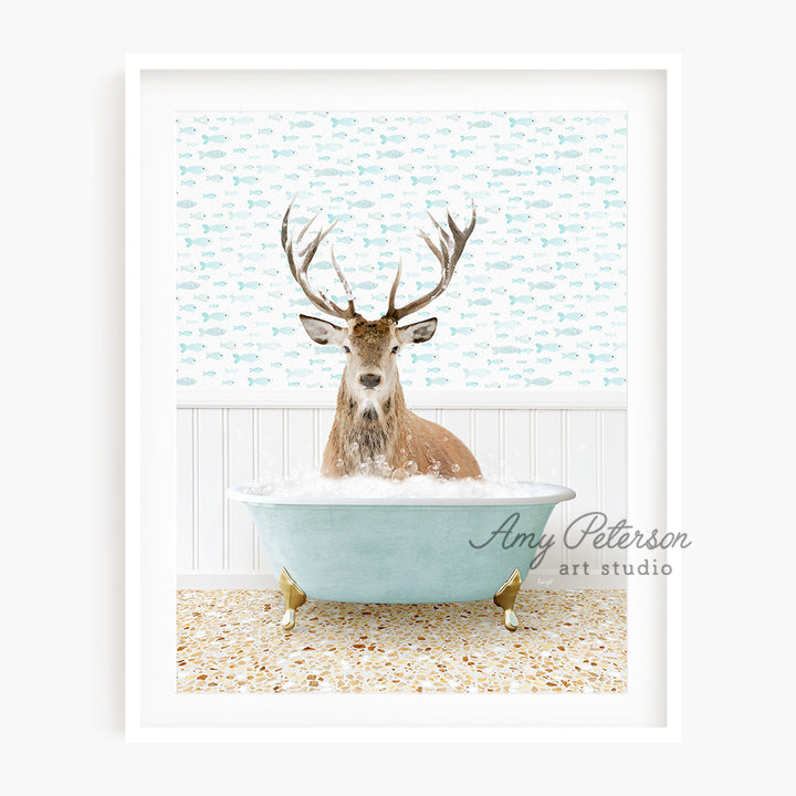 a picture of a deer sitting in a bathtub