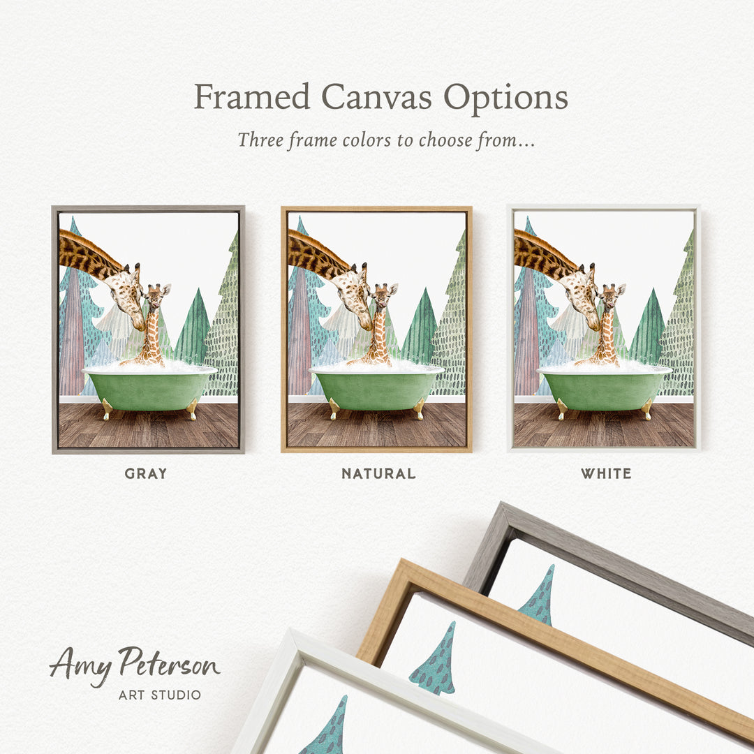 The image is a framed canvas option featuring three different color options for a painting of a giraffe in a bathtub.