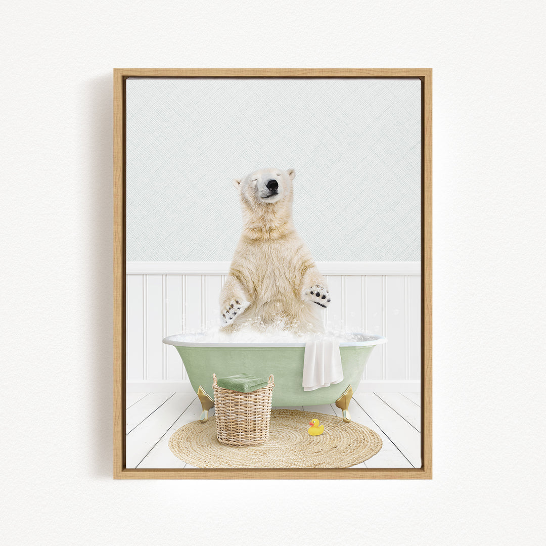 A polar bear standing in a green bathtub filled with water, surrounded by a basket of toys and a yellow rubber duck.