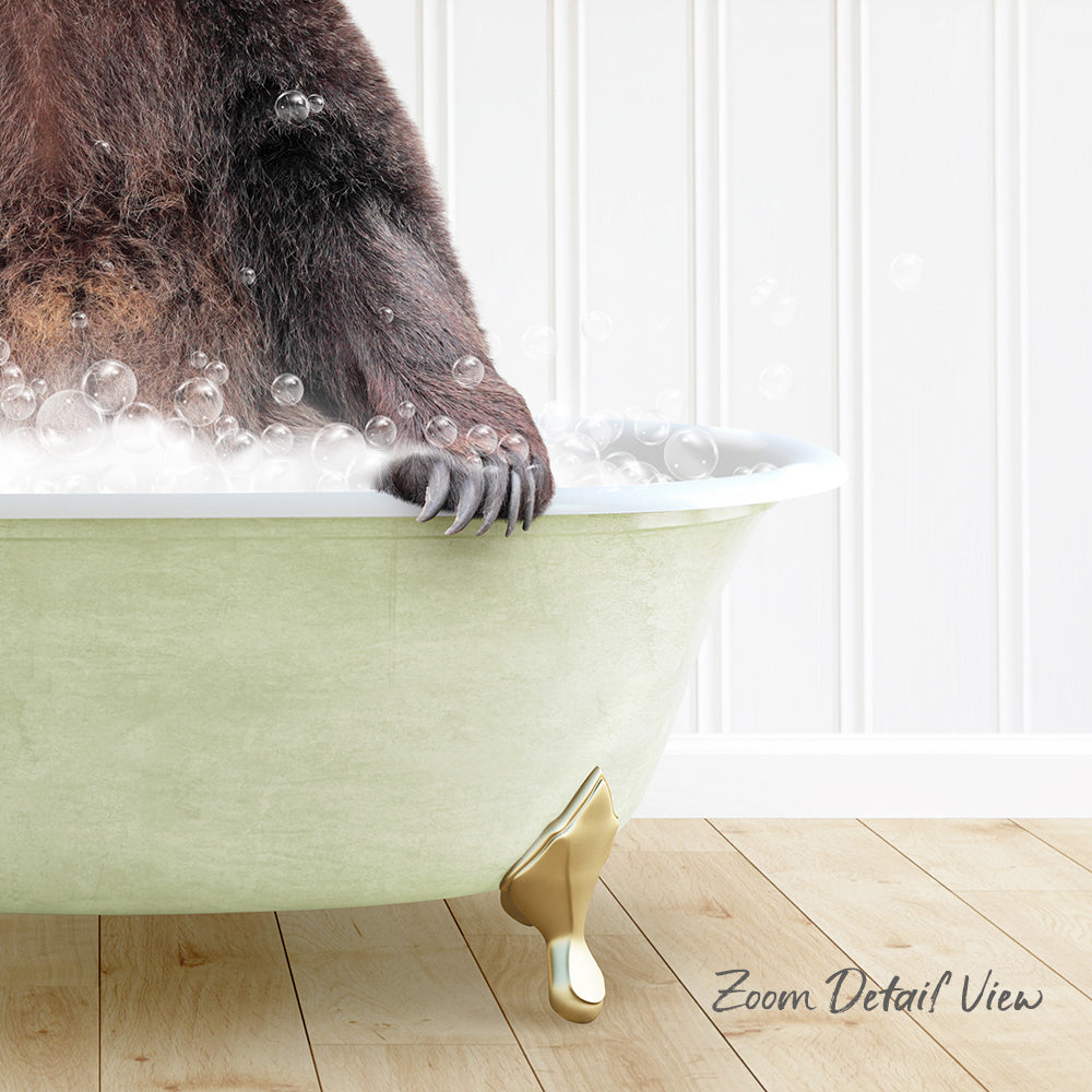 A bear is sitting in a green bathtub filled with bubbles, enjoying a relaxing bath.