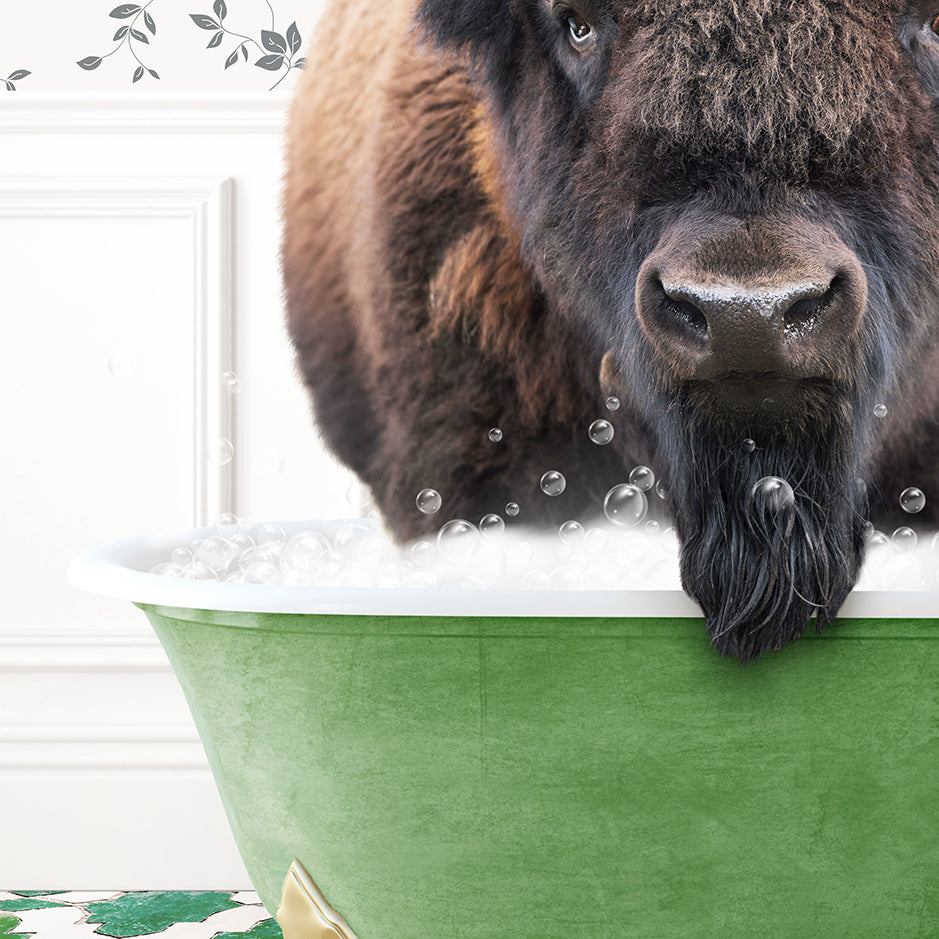 a large buffalo standing in a bath tub