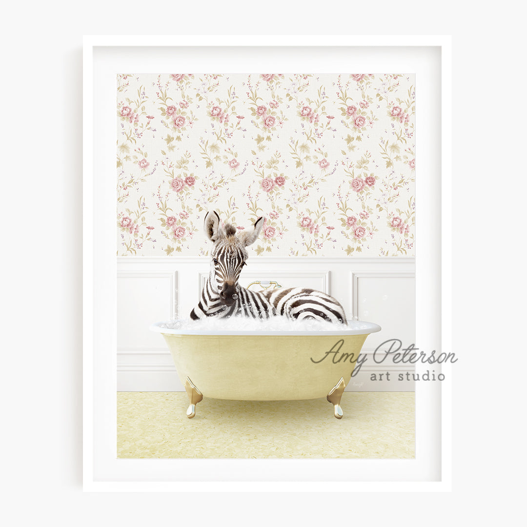 a zebra sitting in a bathtub in front of a floral wallpaper