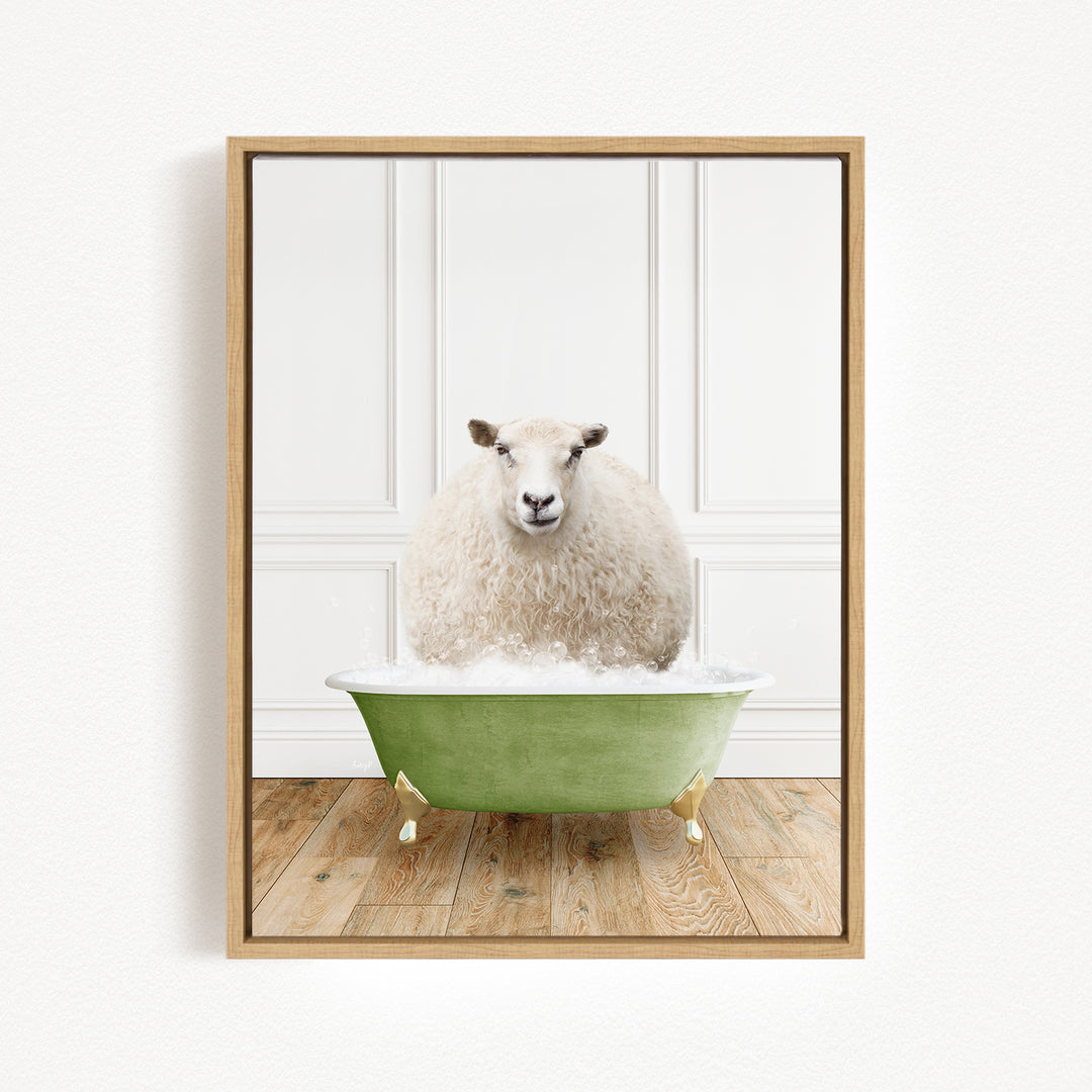 A fluffy white sheep sits in a green bathtub, surrounded by a white wall and wooden floor.