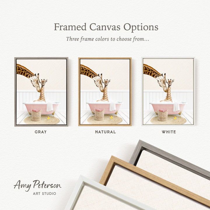 The image is a framed canvas option showcasing three different frame colors: gray, natural, and white. The image depicts a giraffe standing in a pink bathtub, with a basket nearby.