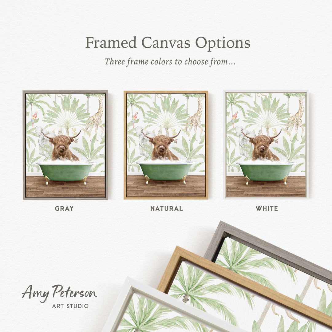 three framed canvas options featuring a brown cow sitting in a green bathtub, surrounded by tropical foliage.