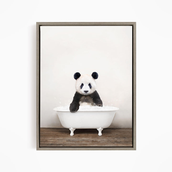 A panda bear sitting in a white bathtub filled with water, creating a playful and whimsical scene.