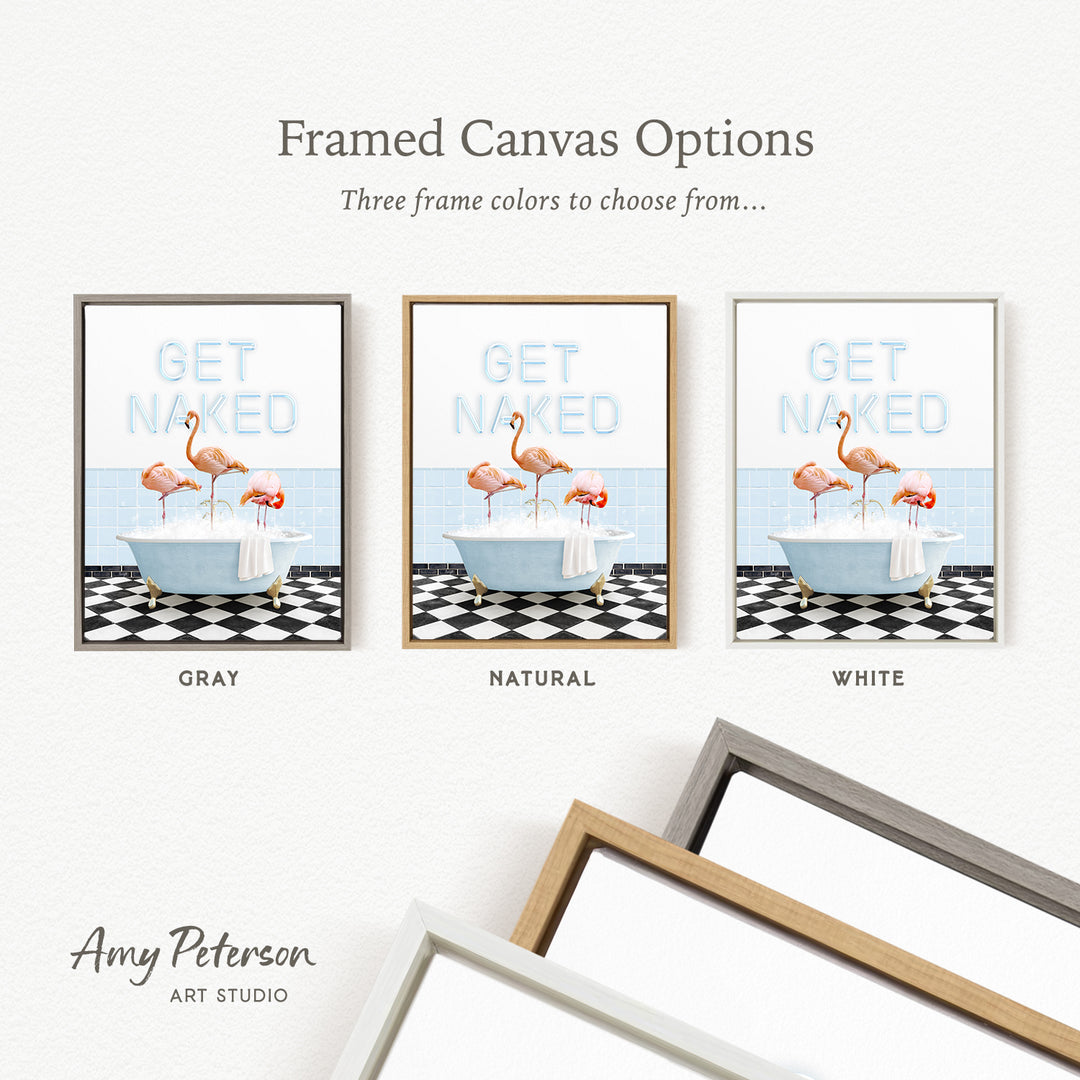 three framed canvas options, each featuring a different color and style of frame. The options include a gray frame, a natural frame, and a white frame. The text above the options reads " framed Canvas Options" and "Three frame colors to choose from...".