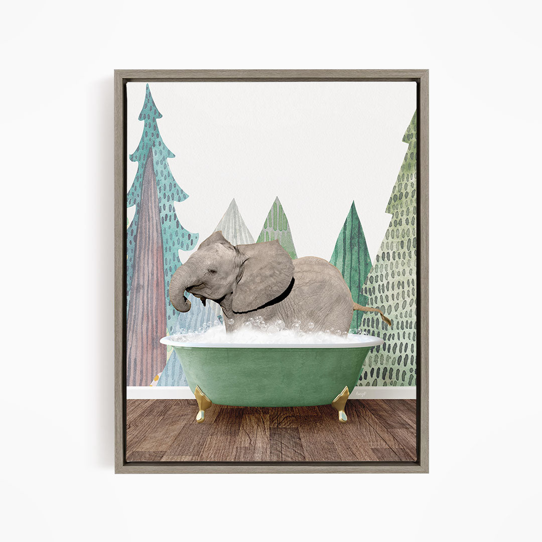 A gray elephant is sitting in a green bathtub, surrounded by a forest-themed background with trees and a snowy landscape.