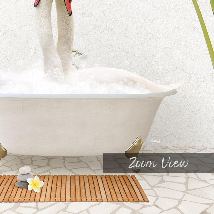 A white swan standing in a bathtub filled with bubbles, with a wooden mat and a single yellow flower on the floor.