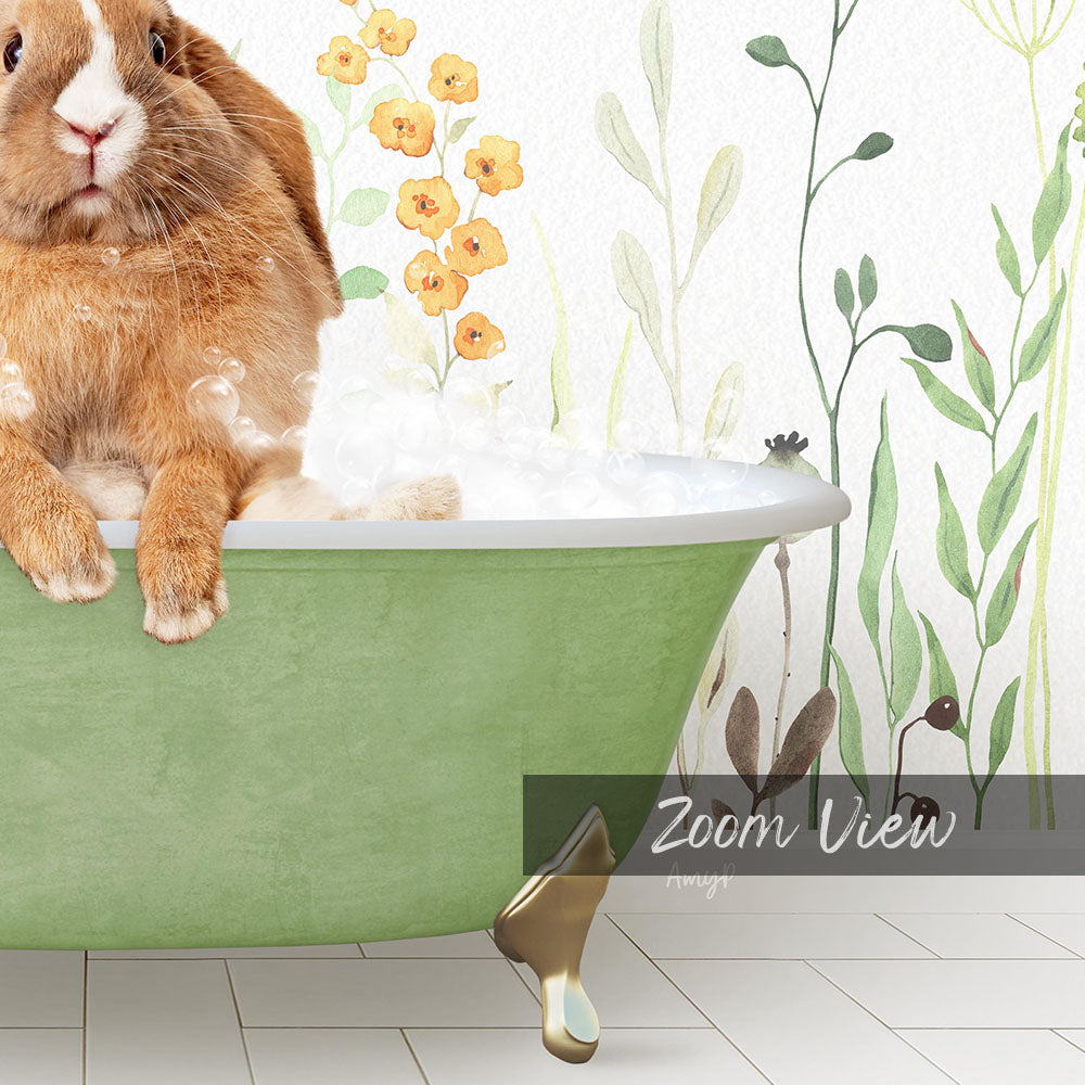 A rabbit sitting in a green bathtub filled with bubbles, surrounded by a floral wallpaper.