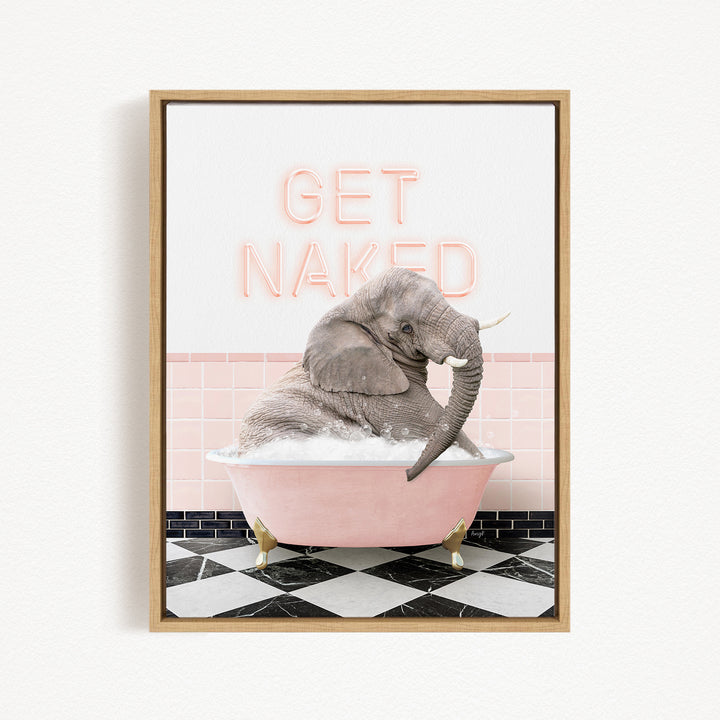 A gray elephant sitting in a pink bathtub with the text "GET NAKED" written above it.