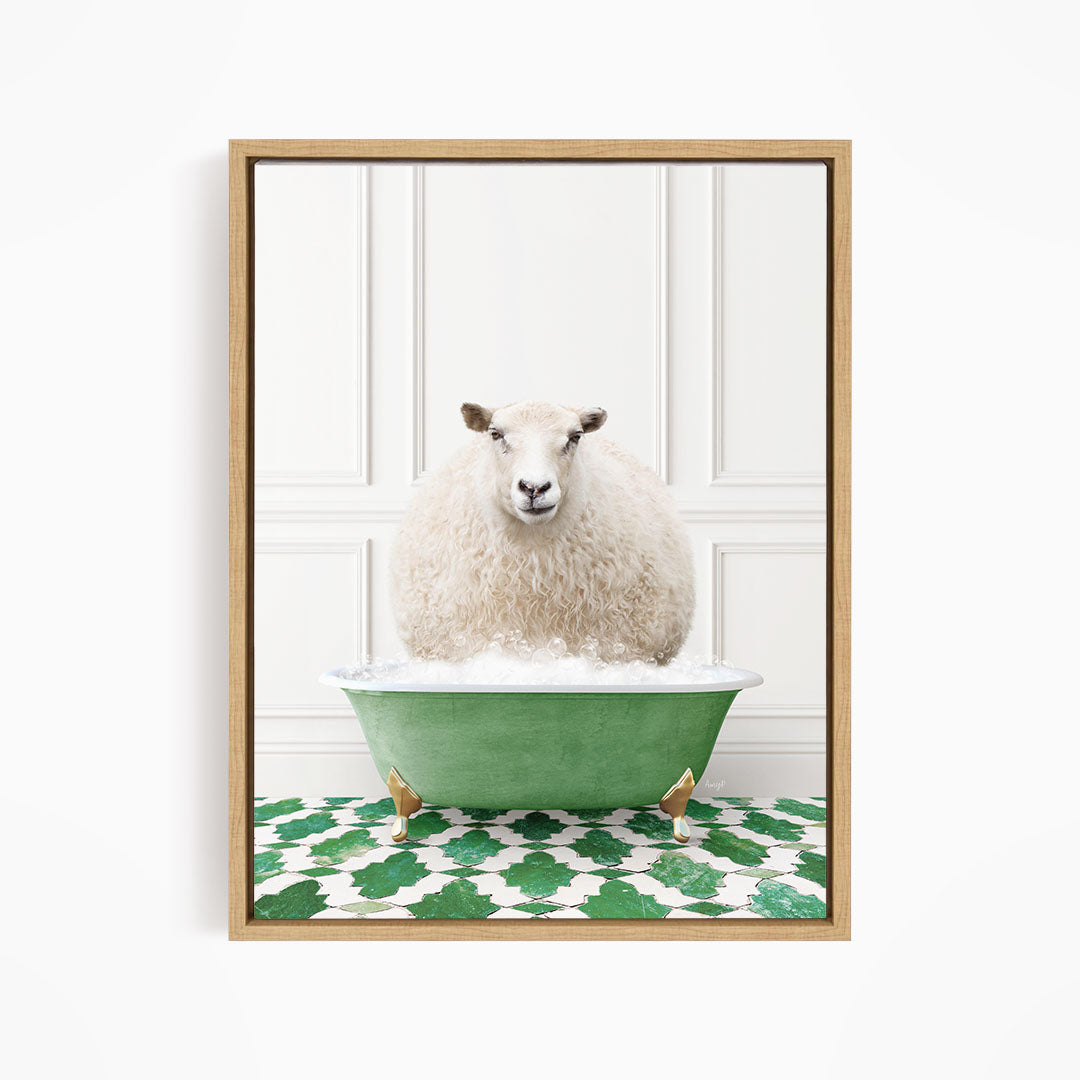 A fluffy white sheep sits in a green bathtub filled with bubbles, surrounded by a green and white patterned floor.