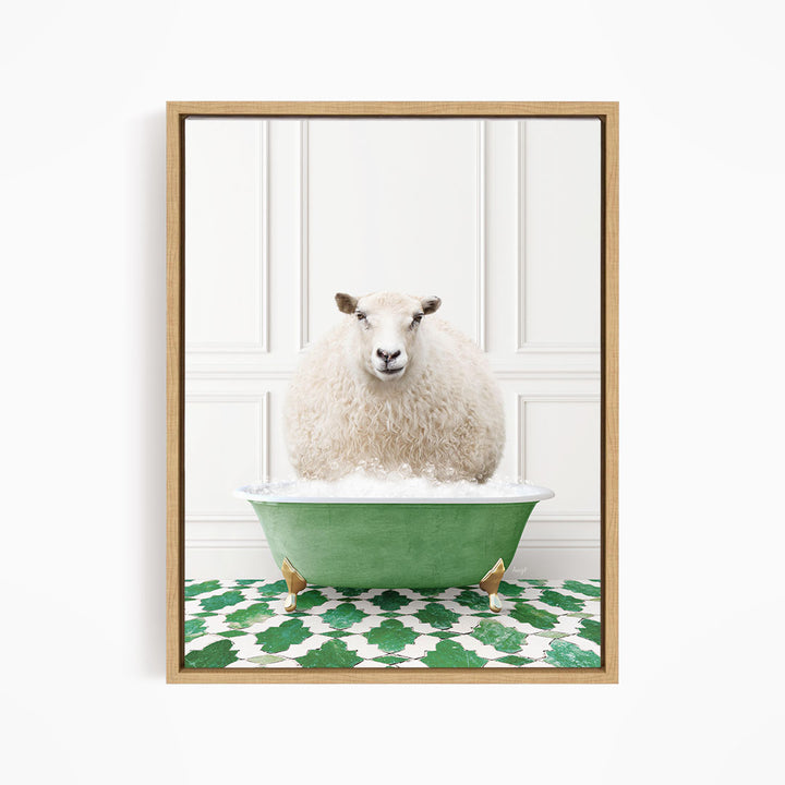 A fluffy white sheep sits in a green bathtub filled with bubbles, surrounded by a green and white patterned floor.
