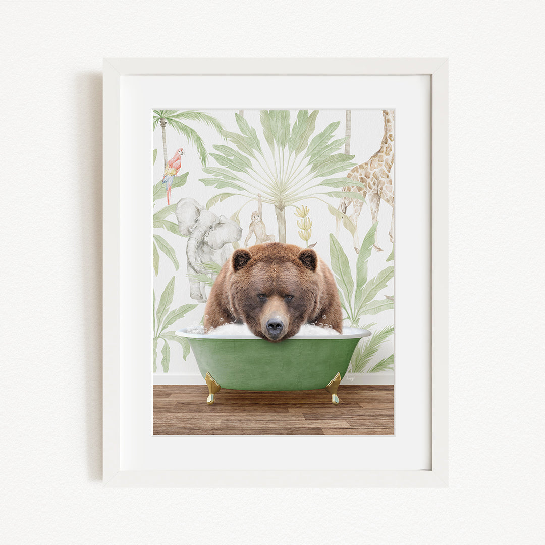 A brown bear is sitting in a green bathtub, surrounded by a tropical wallpaper with various animals such as a giraffe and an elephant.