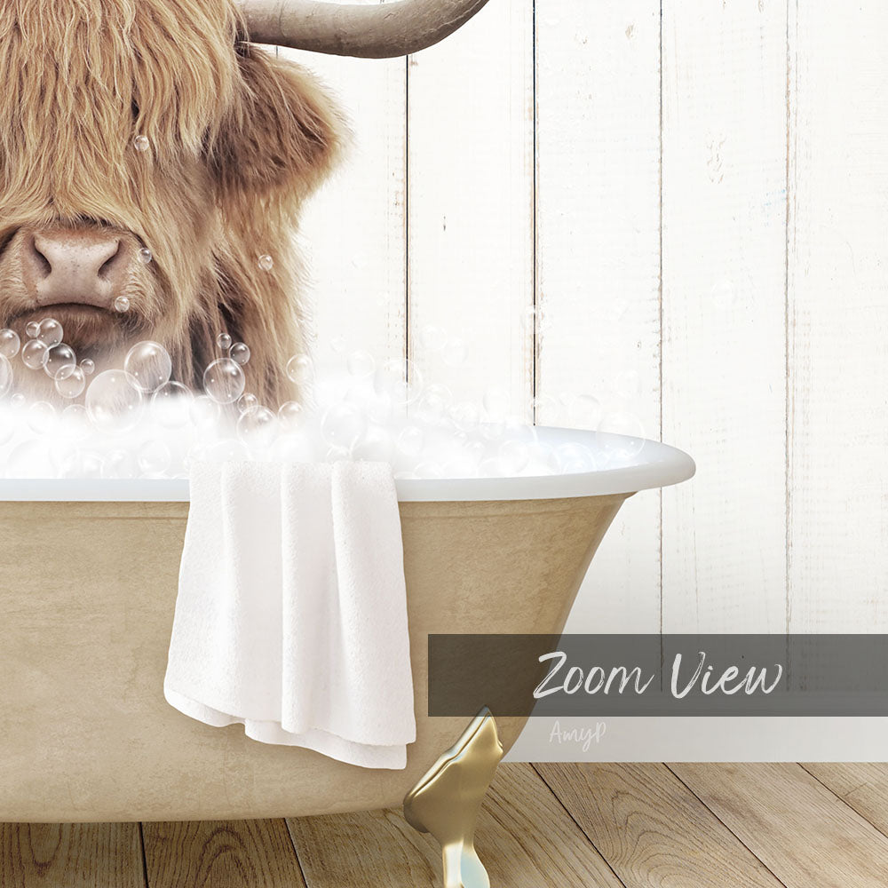 A close-up of a long-haired animal, possibly a yak or a similar animal, sitting in a bathtub filled with bubbles.