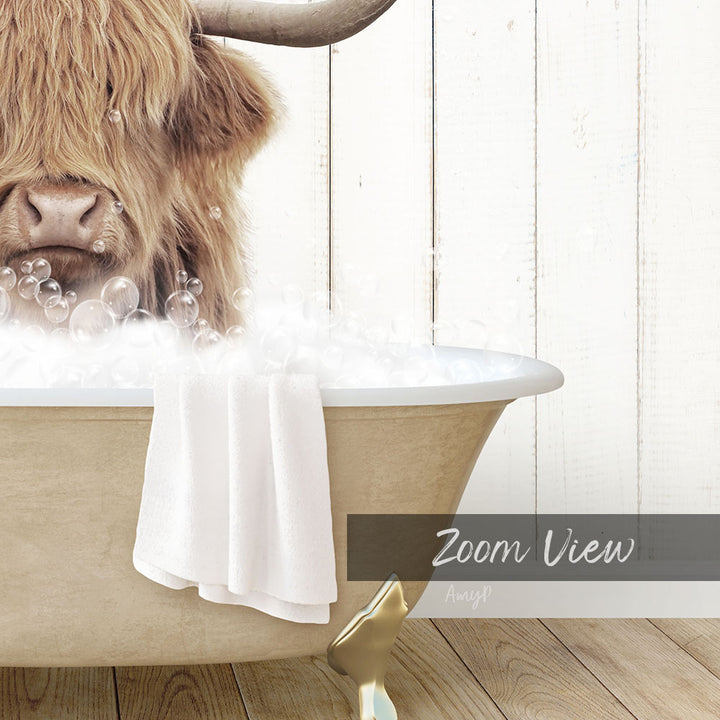 A close-up of a long-haired animal, possibly a yak or a similar animal, sitting in a bathtub filled with bubbles.