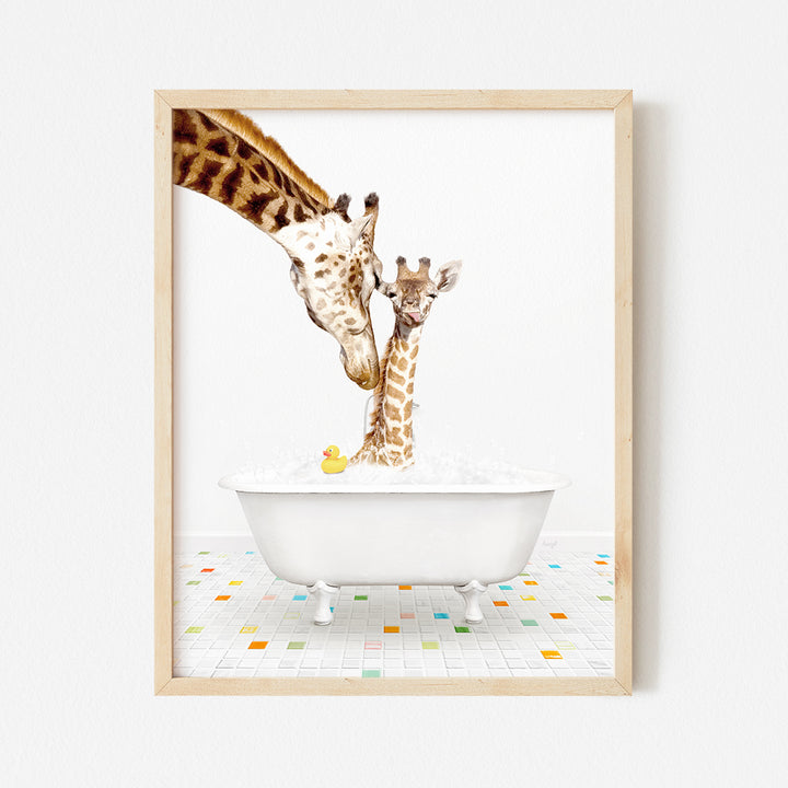 a giraffe and a baby giraffe in a bathtub