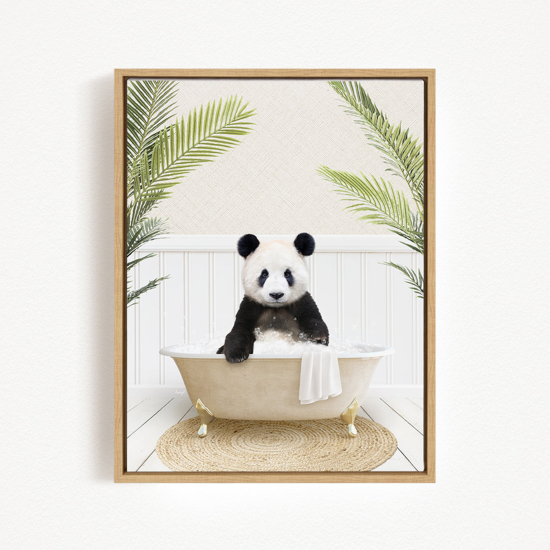 A panda bear sitting in a bathtub filled with water, surrounded by palm leaves.