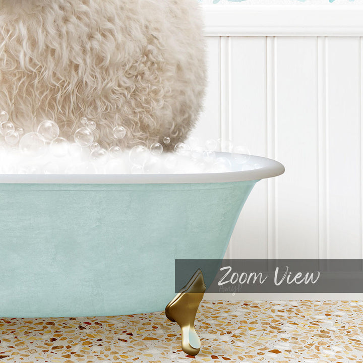 A fluffy white dog is sitting in a light blue bathtub filled with bubbles, with a gold bathtub stopper visible.