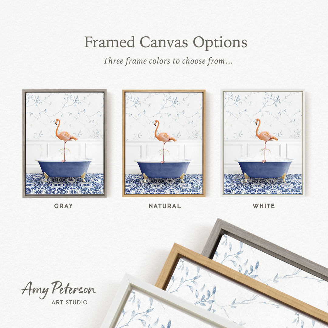 three framed canvas options featuring a pink flamingo in a blue bathtub, with three different frame colors to choose from: gray, natural, and white.